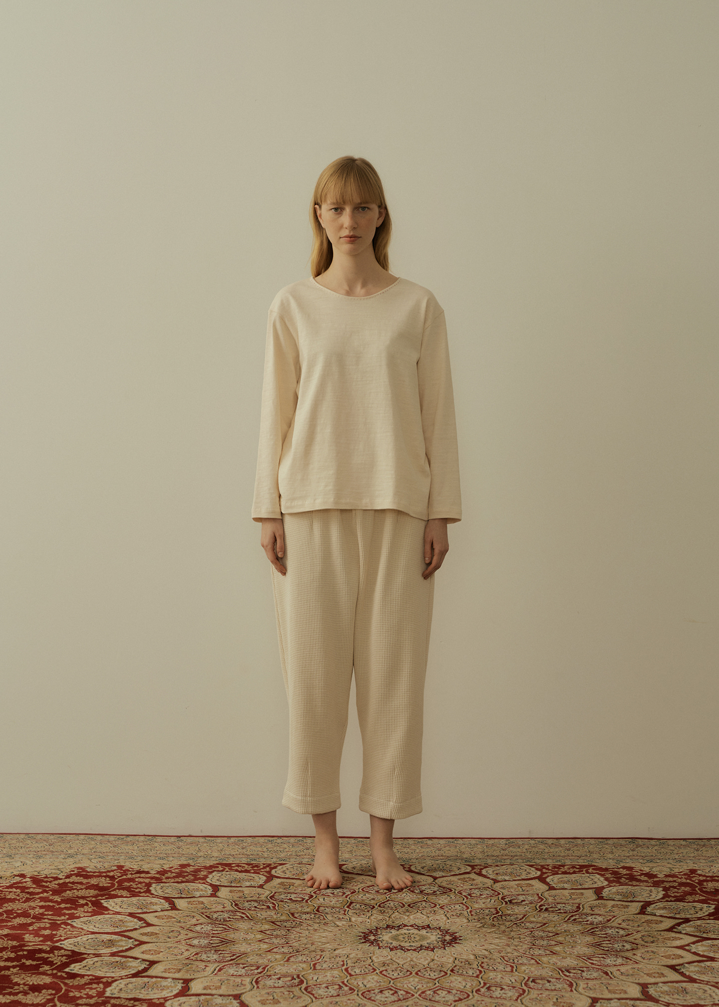 Readymade Cropped Trouser in Waffle Jersey Almond